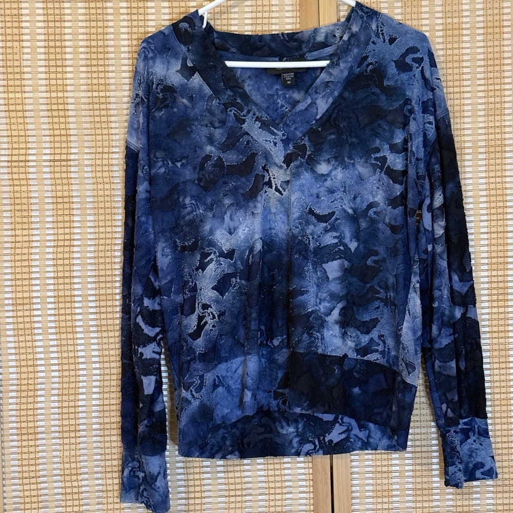 Karen Kane Womens M Top Blue Tye Dye Long Sleeve Semi Sheer Boho Fairycore Artsy
